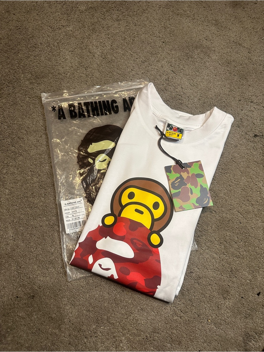 Bape White Tee with Yellow Ape Head and Red Camo Graphic